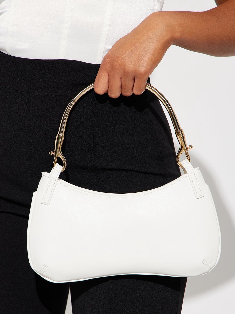 White Leather-Style Shoulder Bag with Gold Handle